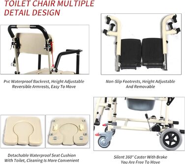 Крісло для нічного туалету UHJKLA, міцне крісло для душу 3-в-1, туалетний туалетний інвалідний візок з підлокітниками та спинкою, інвалідний візок Туалет Душове крісло для людей похилого віку та інвалідів