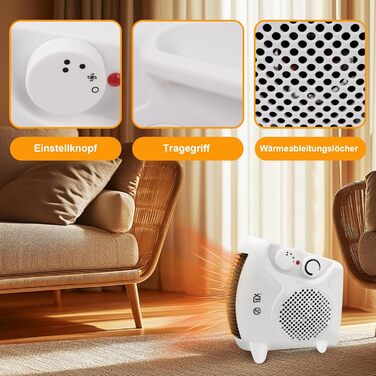 Портативний електричний обігрівач потужністю 2000 Вт з 2 режимами нагріву та функцією охолодження повітря, вертикальна та горизонтальна робота, тихий мідний двигун, захист від перегріву, невеликий обігрівач для офісу, ванної кімнати, спальні
