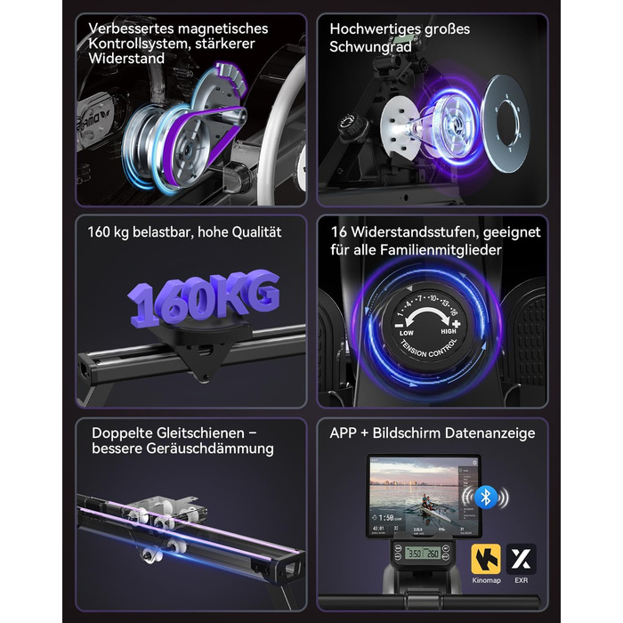 Новинка 2026 року Магнітний гребний тренажер DMASUN для домашнього використання з оновленими подвійними рейками, підключенням до додатку, 16 рівнями опору, РК-дисплеєм даних, ідеально підходить для кардіотренувань, витримує до 160 кг, чорний/сріблястий