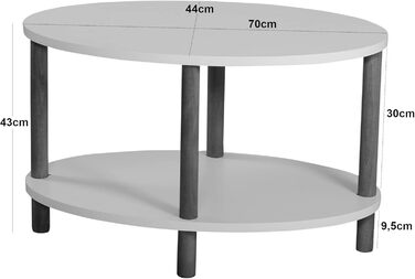 Журнальний столик Højreby, овальний диван-столик з 1 полицею, вітальня, 70 x 44 x 43 см, ніжки з бука, білий