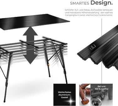 Стіл для кемпінгу tectake, розкладний стіл з алюмінію, стільниця XXL, що згортається, розкладний кемпінговий стіл, дорожній стіл, садовий стіл, водонепроникний, регульовані по висоті ніжки, сумка для перенесення, 120 x 70,5 см - чорний