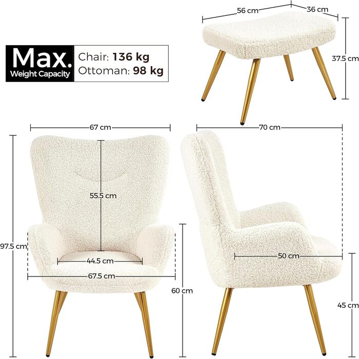 Крісло Yaheetech з підніжкою та підставкою для ніг, чохол з поліестеру, крісло під телевізор, крісло, м&39яке крісло, крісло-реклайнер, коктейльне крісло, плюшевий ведмедик, стильний дизайн, білий колір з підставкою для ніг