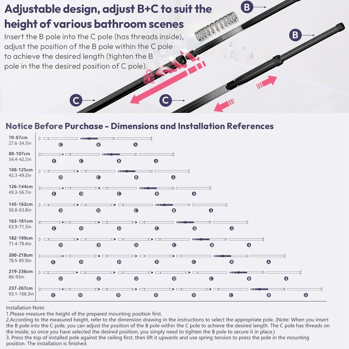 Кутова полиця для душу телескопічна SWTYMIKI - 4-ярусна, з мильницею, тримачем для зубних щіток та 4 гачками, регульована, з нержавіючої сталі, монтаж без свердління, 70-275 см, чорна