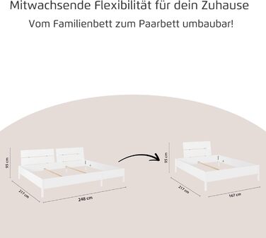 Сімейне ліжко, ліжко, багатомісне ліжко, спальна зона 270x200 см для сну з родиною, колір білий, 278x95x217 см, дерев&39яне узголів&39я 270x200 см
