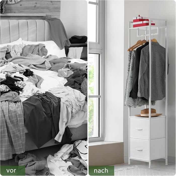 Окремостояча, міцна металева вішалка для одягу з 2 полицями для взуття, мінімалістичний дизайн, компактна підставка для одягу для спальні/дому - біла