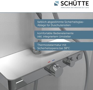 Душова система SCHTTE OCEAN з термостатом і скляною полицею - душовий набір з душовою лійкою 30x30 см, тропічний душ з настінним кронштейном і душовою лійкою - душова панель душова колонка хром/білий