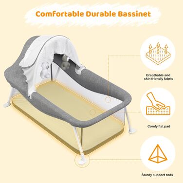 Дитяче ліжечко-дорожнє, підходить для дітей віком від 0 до 5 місяців, портативний намет-ліжечко, складається в маленький розмір, оснащений москітною сіткою та іграшками, зона лежання 80 x 40 см (сіра)