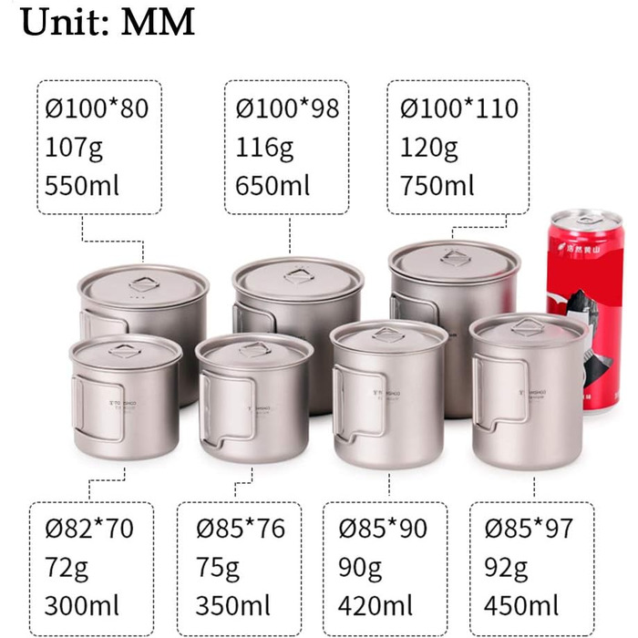 Надлегкий титановий портативний набір із 2 чашок для кемпінгу та пікніка 450 мл 750 мл зі складною ручкою, титанова кружка для кемпінгу