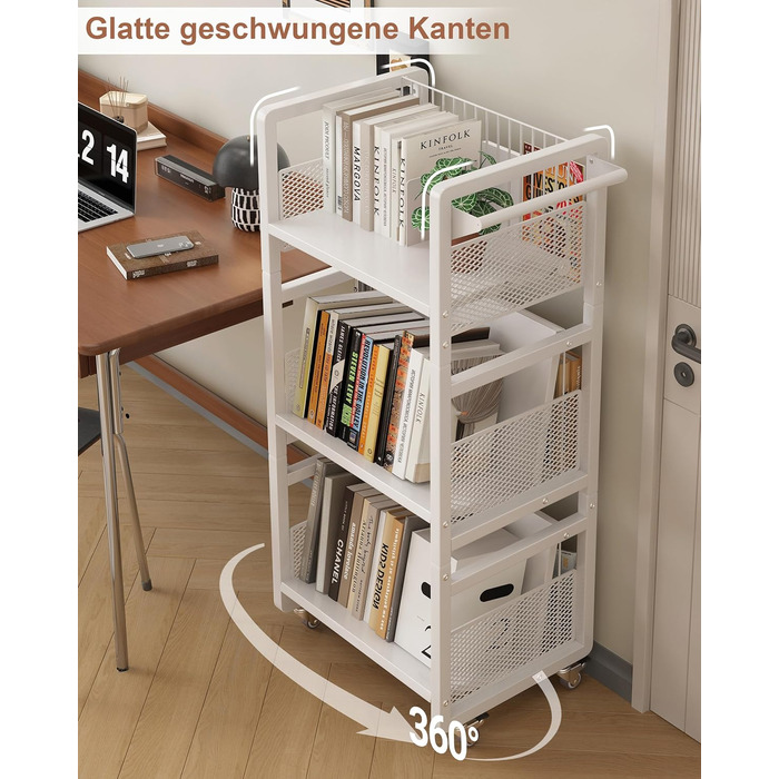Металевий книжковий візок на колесах, вантажопідйомність 70 кг, бібліотечний візок з ручкою, 3 полиці, книжкова шафа на колесах для вітальні, спальні, офісу, бібліотеки з 3 магнітними підставками для книг білий