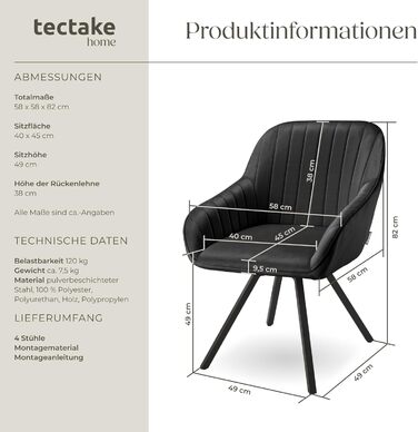 Обідні стільці tectake з підлокітниками, ергономічне крісло-обшивка з оббивкою з стьобаного оксамиту, обертові стільці для вітальні, обіднього столу, кабінету, туалетного столика, кухонних стільців - комплект з 4 шт. , чорний