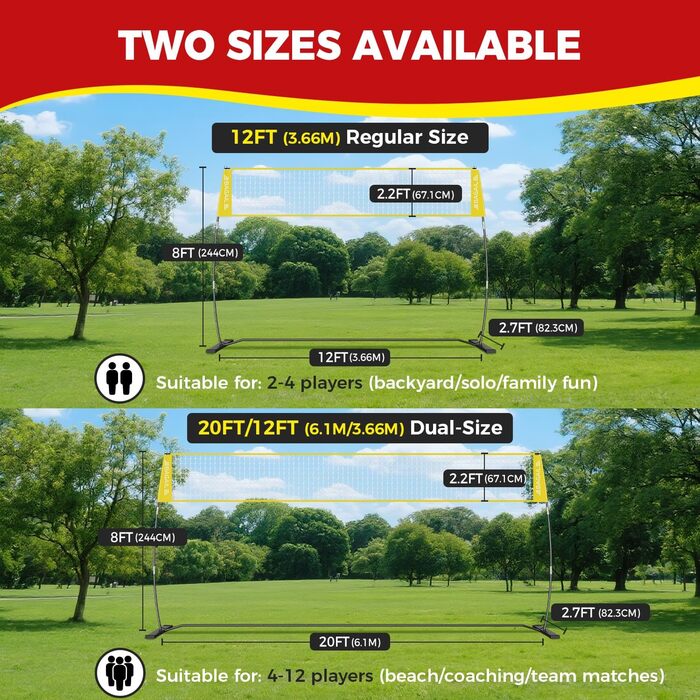 Волейбольна сітка BAGAIL 3,6 м / 6,1 м – портативна для заднього двору, регульована висота, міцна рама, окремостояча конструкція, набір для приміщень та вулиці, 12 футів