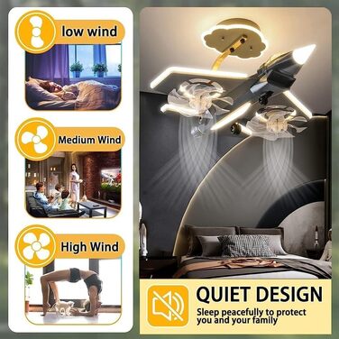 Тихий вентилятор лампа мультфільм літак стельові вентилятори з легким вертольотом модель світлодіодна регульована 6 швидкість вітр