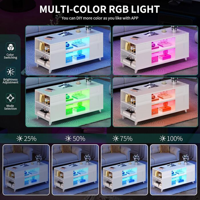 Журнальний столик YITAHOME, білий глянцевий, сучасний стіл для вітальні з 16-кольоровим світлодіодним підсвічуванням, журнальний столик біля дивана з регульованою полицею, 97,5 x 48 x 45 см, білий, без шухляд
