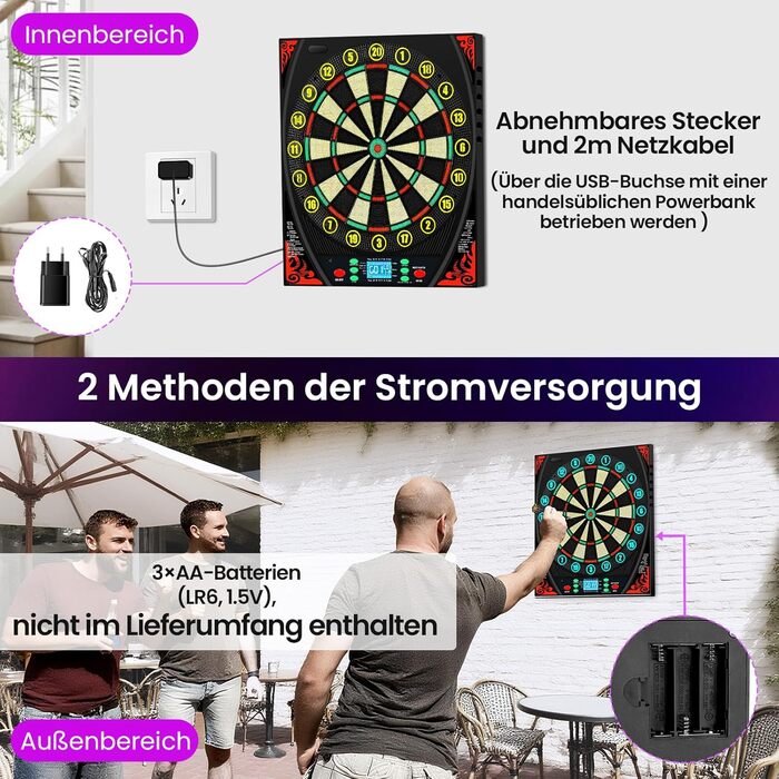 Електронна мішень для дартсу з німецьким голосом, підсвіченим кільцем з цифрами та РК-екраном, електронна мішень для дартсу з 34 іграми та 369 варіаціями, електронна мішень для дартсу для дорослих