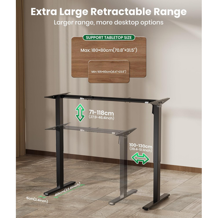 Електрична рама столу з регулюванням висоти та потужними двигунами, рама столу з регулюванням висоти, функцією запобігання зіткненням та пам&39яттю положення, чорна