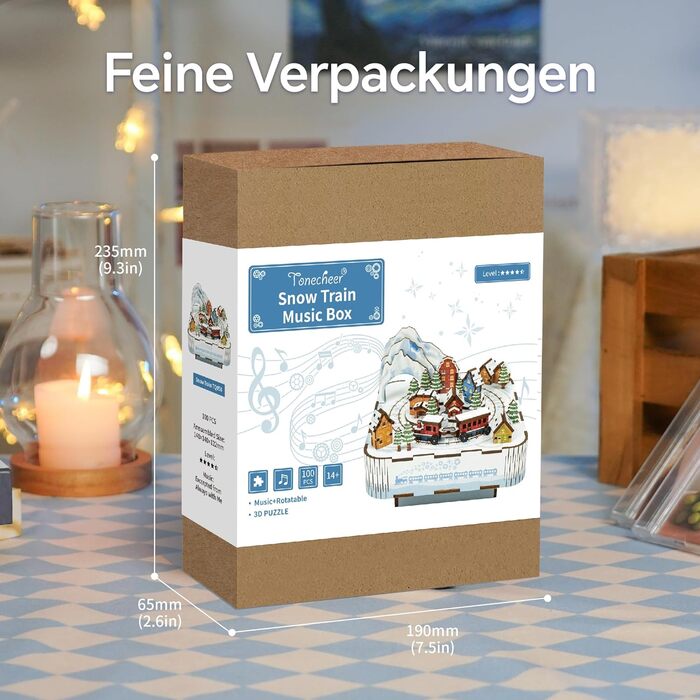 Музична скринька Tonecheer Дерев'яний 3D-пазл, набір моделей для сім'ї котів своїми руками для дорослих, обертова музична шкатулка, дерев'яна головоломка Подарунки для прикраси будинку Подарунок на день народження Різдвяні підлітки (Сніговий поїзд)