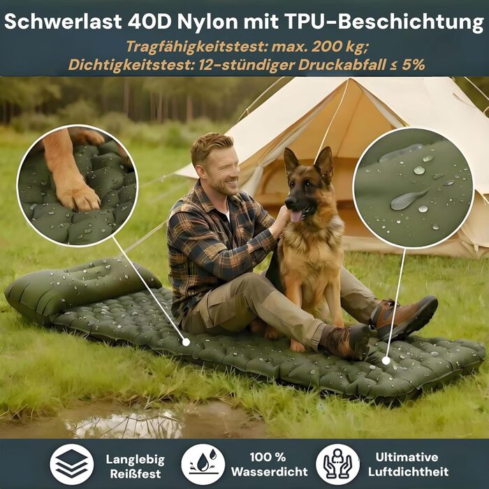 Надлегкий надувний килимок для кемпінгу 800 г R-значення 3.0 на 4 сезони, міцний водонепроникний надувний матрац для походів, трекінгу, використання на природі у військових цілях, зелений, одномісний