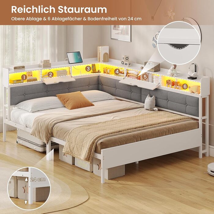 М&39яке ліжко-диван-ліжко 140x200 з 6 відділеннями для зберігання Дитяче ліжко 140x200 зі світлодіодним освітленням Кушетка з розетками Гостьове ліжко Каркас ліжка з металевою рейковою основою, матрац не входить до комплекту (білий) 140x200 см Білий