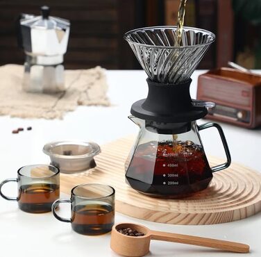 Кавоварка для наливу, набір глечиків з боросилікатного скла 600 мл, ручка з волоського горіха, фільтр кавоварки, ресторан і кемпінг, від 1 до 3 чашок