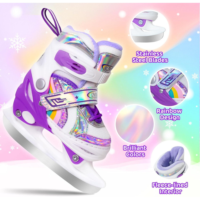 Дитячі ковзани Nattork для дівчаток, регульовані у 4 напрямках, ковзани-метелики з флісовою підкладкою для вулиці та ковзанки, райдужно-фіолетові XS (EU 22-26)