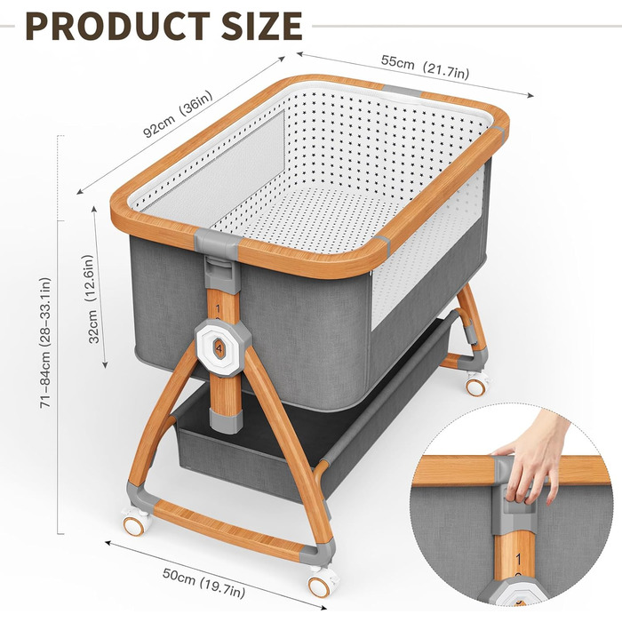 Дитяче ліжечко-тумбочка, дорожнє ліжечко 3-в-1, 6 регульованих рівнів висоти з матрацом та колесами з гальмами, підходить для дітей від 0 до 6 місяців, для дому та подорожей