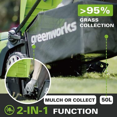 Акумуляторна газонокосарка Greenworks G40LM41K25 для площі до 300 м, ширина зрізу 41 см, 50-літровий мішок ПЛЮС акумулятор 40 В 2,5 Ач та зарядний пристрій, 3-річна гарантія вкл. акумулятор 2,5 Ач зарядний пристрій