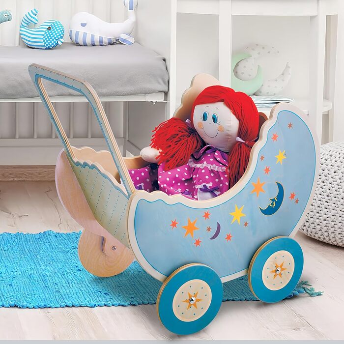 Коляска для ляльок Dida - Luna Виготовлена з дерева, коляска для великих ляльок до 50 см Ідеально підходить для рольових ігор для