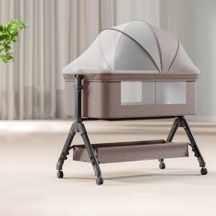 Дитяче ліжечко-тумбочка, дитяче ліжко 3-в-1, регулювання висоти та нахилу матраца, 4 колеса з гальмами, з аксесуарами, сумка, москітна сітка (хакі) X3khaki