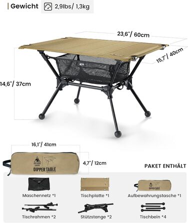 Складаний кемпінговий стіл OneTigris Dipper, складаний кемпінговий стіл з сумкою для перенесення та сітчастою кишенею, маленький надлегкий вуличний стіл для риболовлі та походів, 60 x 40 x 37 см, колір койот коричневий