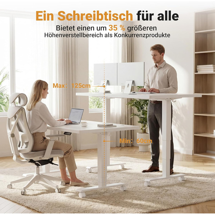 Стіл Claiks з регульованою висотою 16075 см, з 2 електродвигунами, товщиною стільниці 25 мм, вантажопідйомність 130 кг, стіл з регульованою висотою, 3-функціональною пам&39яттю та 4 тихими колесами, білий 160 x 75 см