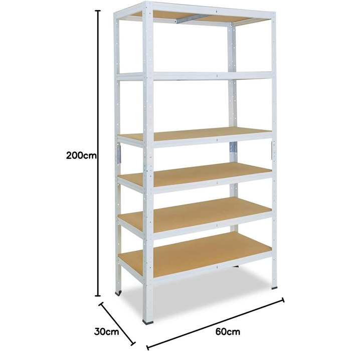 Надміцний стелаж для дому, білий/металевий стелаж з 6 полицями/стелаж для підвалу, стелаж для гаража, стелаж для майстерні або стелаж для зберігання/металевий стелаж без болтів, вантажопідйомність 145 кг, В 200 см / Ш 60 см / Г 30 см, 200x60x30