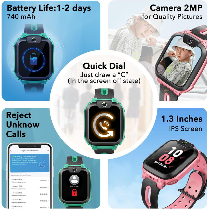 Дитячий смарт-годинник з GPS та телефоном, Дитячий смарт-годинник з GPS, Дитячий смарт-годинник з тривалим відео- та телефонним зв&39язком, Водонепроникний IPX8 (зелений) Зелений Z1, 1