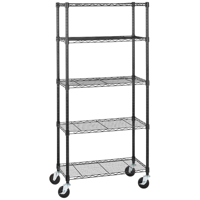 Блок для зберігання Storeo Basics з 5 полицями, на колесах 10,2 см, з регульованими по висоті полицями та ніжками, максимальна вага 680 кг, чорний, 35,6 x 76,2 x 162,2 см (Г x Ш x В) чорний 30Д x 14Ш x 64,75В з колесами