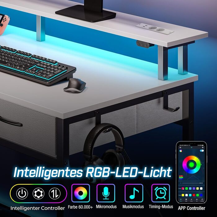 Письмовий стіл Rolanstar з шухлядами, комп&39ютерний стіл з розетками та світлодіодним освітленням, ігровий стіл з підставкою для монітора, полицею та 2 гачками, ігровий стіл для офісу, вітальня (білий, 137x47x90,5 см) білий 137 см