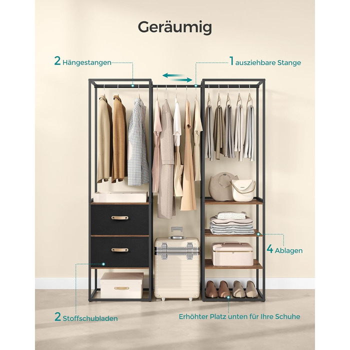 Вішалка для одягу SONGMICS, відкрита шафа, міцна вішалка для одягу, 1 висувна рейка, 2 шухляди, 4 полиці, для спальні, компактна, вінтажний коричневий RGR003B01