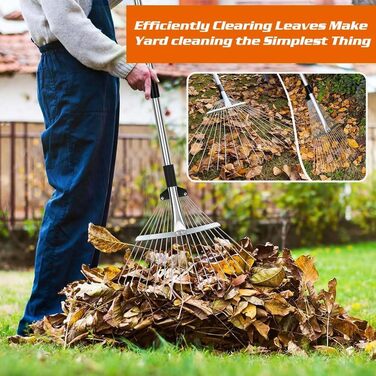 Розширений садовий граблі-віяло 22-44 см з регульованою металевою ручкою 2.15 м та рукавичками, граблі для листя, металеві граблі-віяло, граблі для прибирання листя, трави та двору