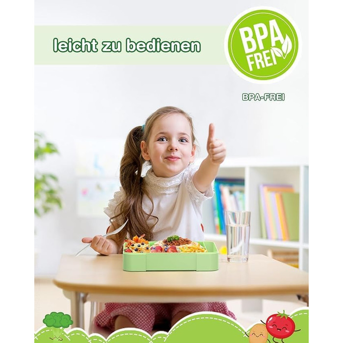 Ланчбокс Kinder Bento з роздільниками 1330 мл, герметичний контейнер для сніданку та перекусу, з 6 відділеннями, для дитячого садка, школи та дорослих, зелений