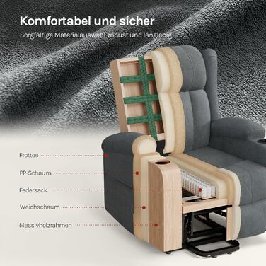 Масажне крісло WOLTU, електрично регульоване, з функцією нахилу спинки, підйомник, масаж з підігрівом, підставка для ніг, бічні кишені, підстаканники, USB-порт, махрова тканина, сірий