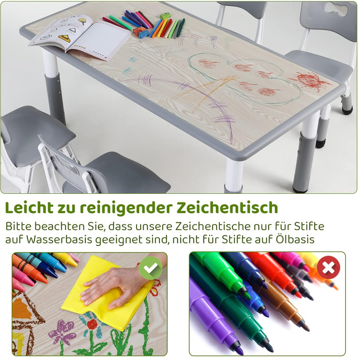 Дитячий комплект столу та стільців MAMIZO з 4 стільцями, регульований по висоті дитячий комплект столу та стільців для дитячого садка та дитячої кімнати, пластикові дитячі меблі, комплект сидінь для хлопчиків та дівчаток від 2 років, сірий 60 x 120 см (4 