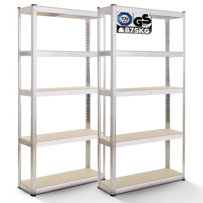 Комплект міцних полиць Arebos з 2 предметів 180 x 90 x 40 см Вантажопідйомність 875 кг Товщина 0,63 мм 5 регульованих полиць з МДФ Полиця для зберігання, полиця для підвалу, полиця без болтів, полиця для майстерні Оцинковане срібло