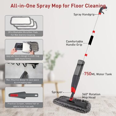 Швабра Homgif Spray Mop 135 см з функцією розпилення, швабра для підлоги з функцією розпилення 750 мл, домашня кухонна швабра для