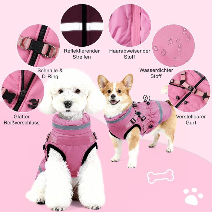 Пальто для собаки Тепла зимова куртка для собаки з флісовою підкладкою, світловідбиваюча, водо- та вітронепроникна, вбудований шлей, розмір S, рожевий