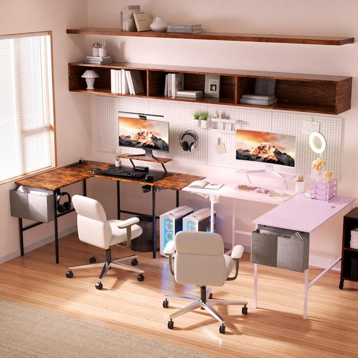 Ігровий стіл із розумним світлодіодним освітленням, L-подібний стіл із подовжувачем для домашнього офісу, кутовий стіл 120-150 см з розеткою, сумка для зберігання, підставка для монітора, вінтажний коричневий колір