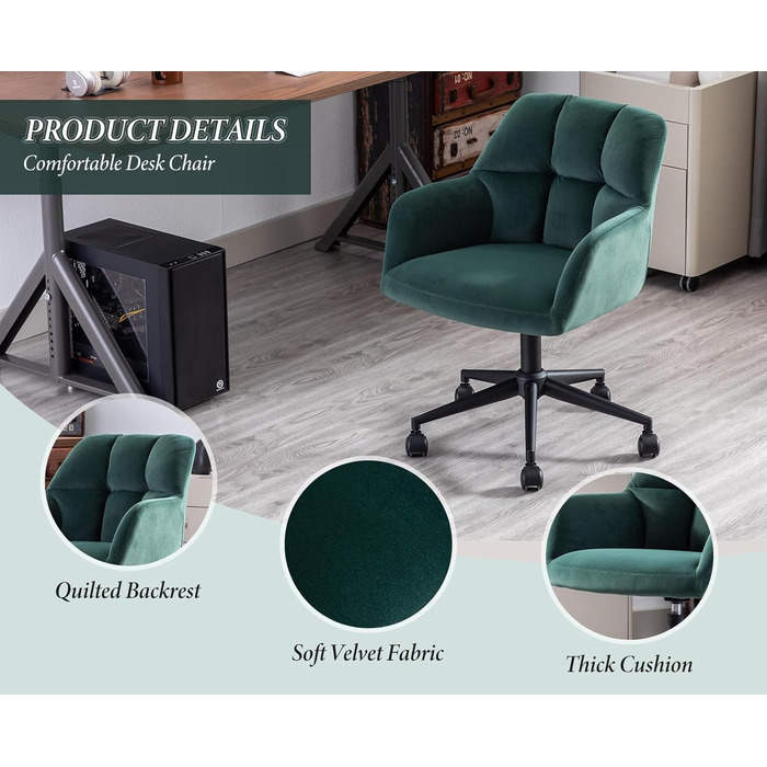 Оксамитове офісне крісло з колесами, обертове крісло, регульоване по висоті робоче крісло, товста спинка, зручне офісне крісло для домашнього кабінету, спальня, зелений