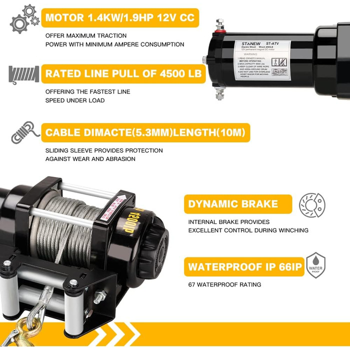 Електрична лебідка STANEW 12 В, що тягне до 4500 фунтів/2041 кг, лебідка для позашляхового двигуна, канатний підйомник, електрична лебідка, сталевий трос 10 м, акумуляторна синтетична лебідка з дистанційним керуванням Розтяг 4500 фунтів