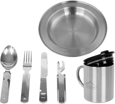 Набір посуду для пікніка та кемпінгу 8 предметів з нержавіючої сталі дорожній набір приборів, тарілка для вулиці, набір столових приборів Бундесверу (5-1), термокружка з кришкою та контейнер, відкривачка для пляшок сріблястий