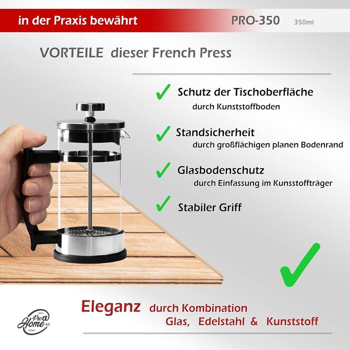 Кавоварка френч-прес 0,35 л на 2 чашки (також 0,6 л), скляний прес для кави, чайник і кавоварка маленька, в т.ч. кавова ложка з нержавіючої сталі та подарункова коробка, хром, 43