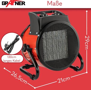 Керамічний вентилятор-обігрівач Grafner XXL потужністю 3000 Вт (3 кВт), 3 режими нагріву, автоматичний термостат, потужний турбонагрівач, PTC-елемент, захист від перегріву, електричний будівельний обігрівач, електричний обігрівач, обігрівач для наметів