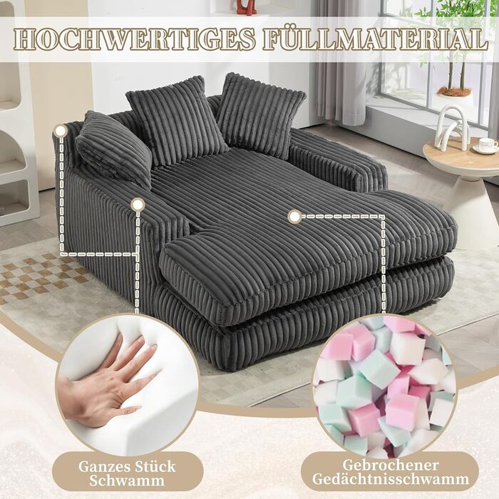 Розкладний диван ZYLOYAL10 Corduroy Cloud з 3 м&39якими подушками, зручний одномісний підлоговий диван для вітальні, квартири, офісу (темно-сірий)