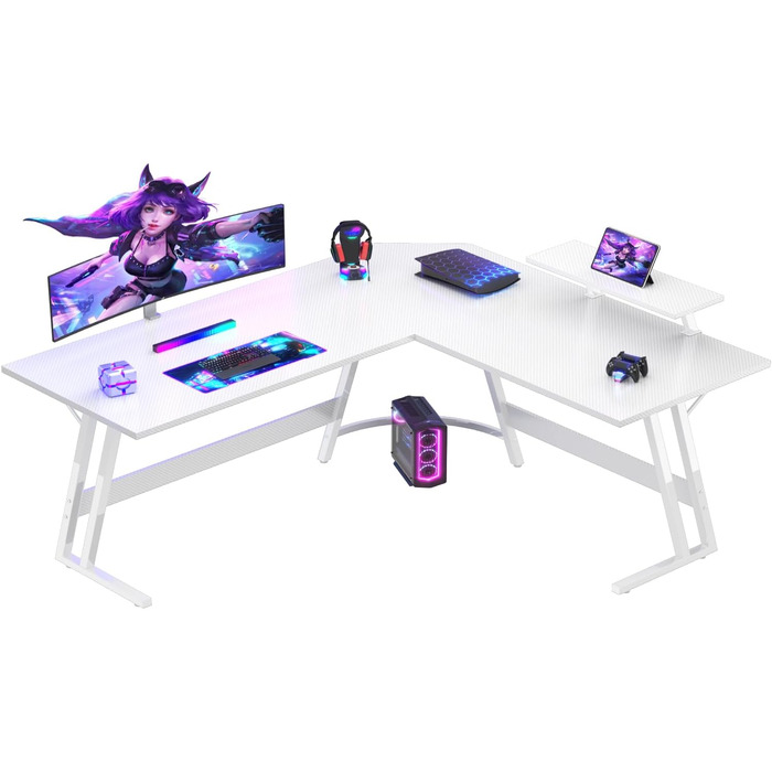 Г-подібний ігровий стіл Devoko з підставкою для монітора, кутовий стіл для геймерів, великий комп&39ютерний стіл для ПК, 150 x 130 см, вуглецеве волокно білого кольору